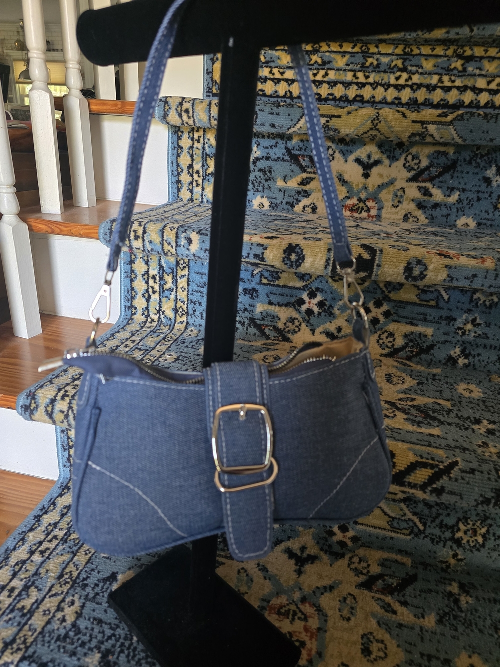 Denim Blue Shoulder Bag with Buckle Strap
